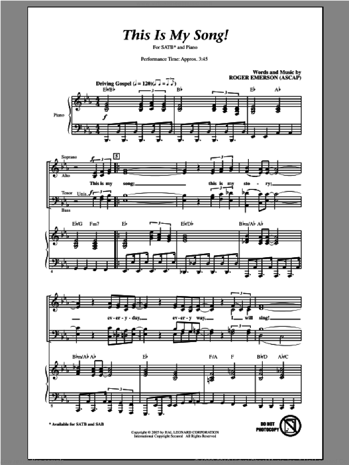This Is My Song! sheet music for choir (SATB: soprano, alto, tenor, bass) by Roger Emerson, intermediate skill level