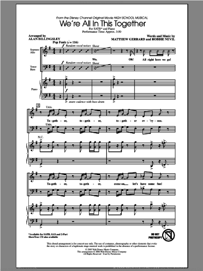 We're All In This Together (from High School Musical) (arr. Alan Billingsley) sheet music for choir (SATB: soprano, alto, tenor, bass) by High School Musical Cast, Alan Billingsley, Matthew Gerrard and Robbie Nevil, intermediate skill level