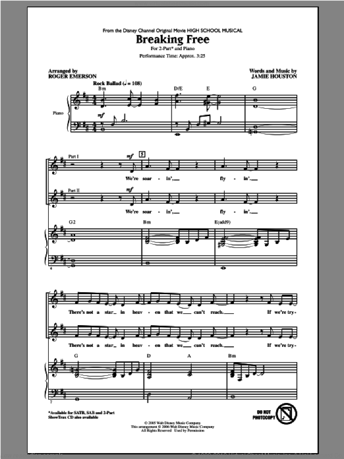 Breaking Free (from High School Musical) (arr. Roger Emerson) sheet music for choir (2-Part) by Roger Emerson, Zac Efron and Vanessa Anne Hudgens and Jamie Houston, intermediate duet