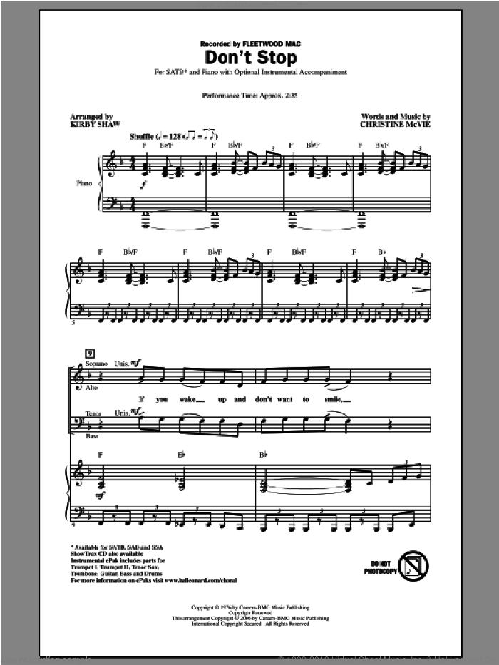 Don't Stop sheet music for choir (SATB: soprano, alto, tenor, bass) by Kirby Shaw and Fleetwood Mac, intermediate skill level