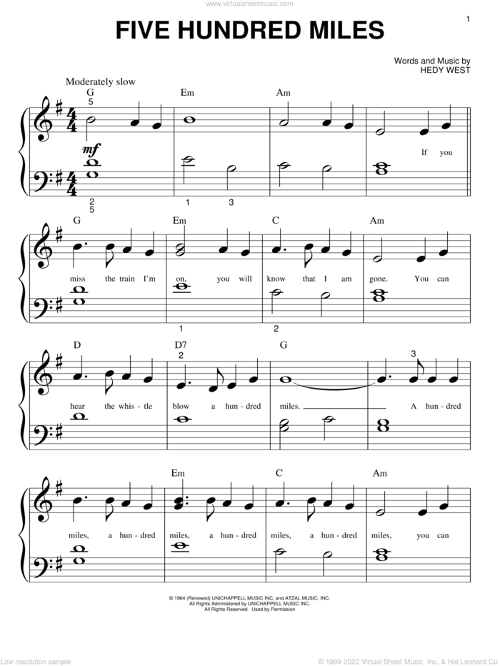 Five Hundred Miles sheet music for piano solo (big note book) by Peter, Paul & Mary, easy piano (big note book)