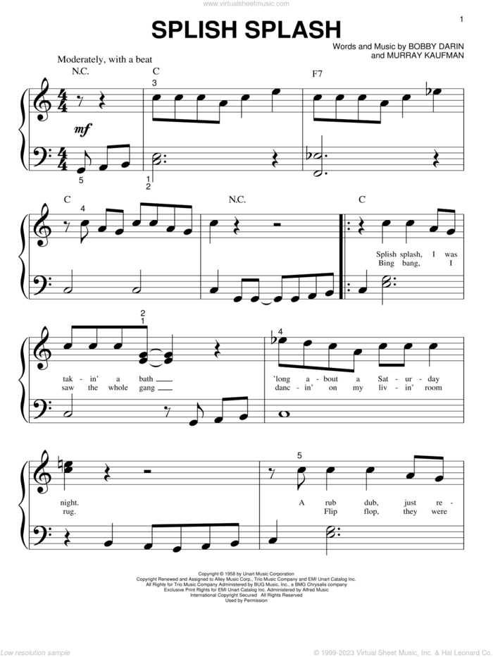 Splish Splash sheet music for piano solo (big note book) by Bobby Darin, easy piano (big note book)