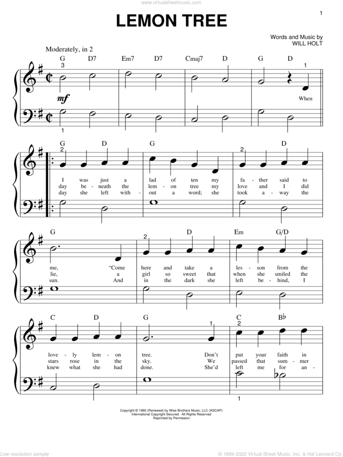Lemon Tree sheet music for piano solo (big note book) by Peter, Paul & Mary, Trini Lopez and Will Holt, easy piano (big note book)