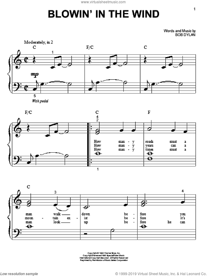 Blowin' In The Wind sheet music for piano solo (big note book) by Bob Dylan, easy piano (big note book)