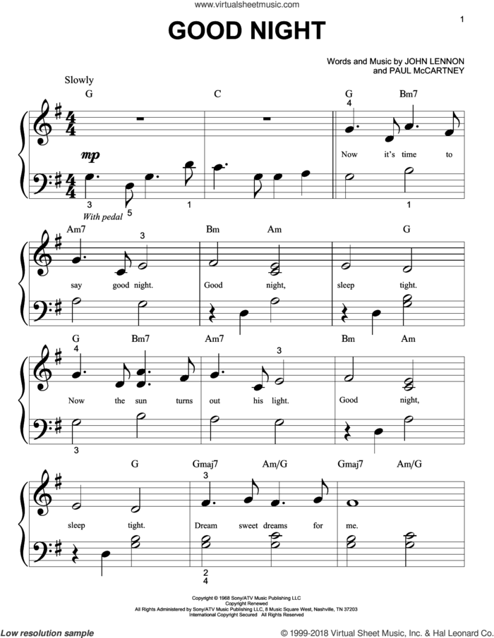 Good Night sheet music for piano solo (big note book) by The Beatles, easy piano (big note book)