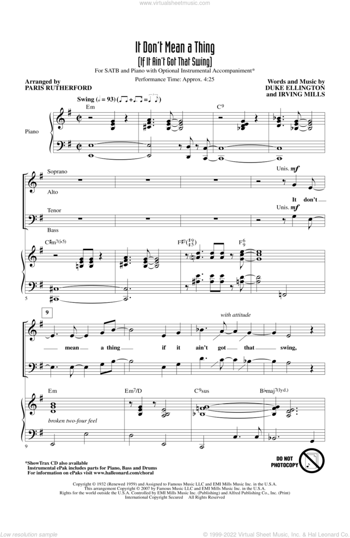 It Don't Mean A Thing (If It Ain't Got That Swing) sheet music for choir (SATB: soprano, alto, tenor, bass) by Duke Ellington, Irving Mills and Paris Rutherford, intermediate skill level