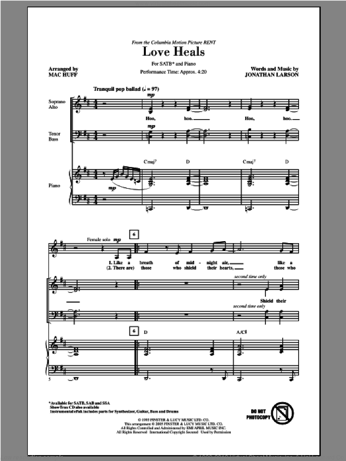 Love Heals sheet music for choir (SATB: soprano, alto, tenor, bass) by Mac Huff and Jonathan Larson, intermediate skill level