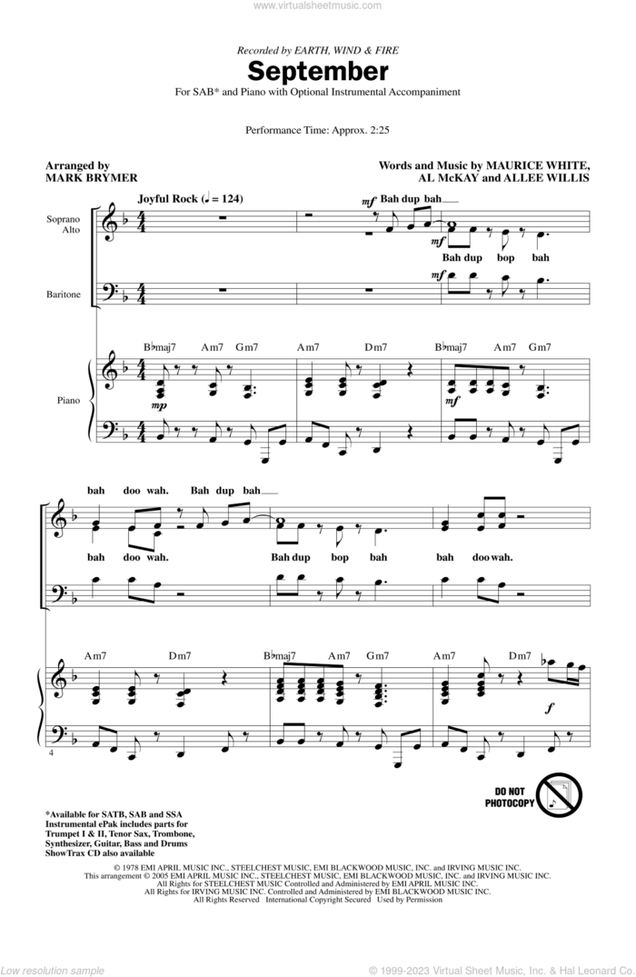 September (arr. Mark Brymer) sheet music for choir (SAB: soprano, alto, bass) by Mark Brymer, Al McKay, Allee Willis, Earth, Wind & Fire and Maurice White, intermediate skill level