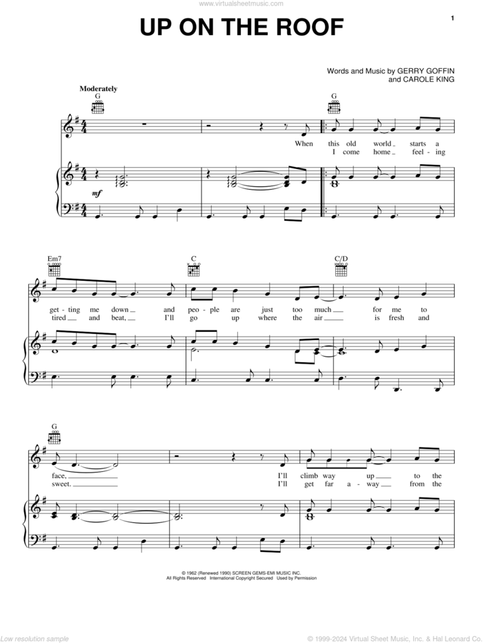 Up On The Roof sheet music for voice, piano or guitar by The Drifters, James Taylor, Carole King and Gerry Goffin, intermediate skill level