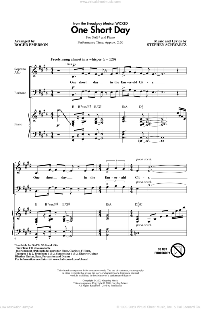 One Short Day (from Wicked) sheet music for choir (SAB: soprano, alto, bass) by Roger Emerson and Stephen Schwartz, intermediate skill level