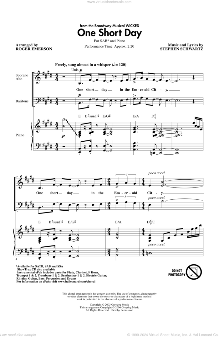 One Short Day (from Wicked) sheet music for choir (SAB: soprano, alto, bass) by Roger Emerson and Stephen Schwartz, intermediate skill level