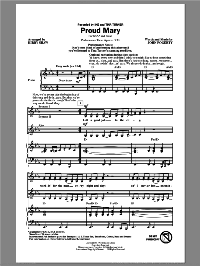 Proud Mary (arr. Kirby Shaw) sheet music for choir (SSA: soprano, alto) by Kirby Shaw, Creedence Clearwater Revival, Ike & Tina Turner and Tina Turner, intermediate skill level