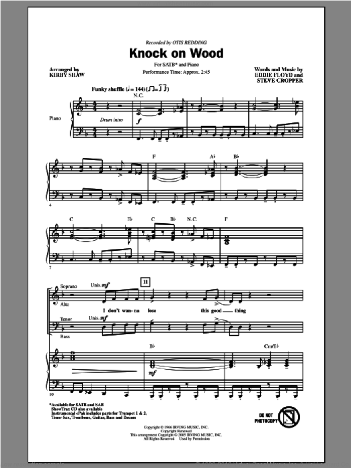 Knock On Wood sheet music for choir (SATB: soprano, alto, tenor, bass) by Kirby Shaw, Eddie Floyd, Otis Redding and Steve Cropper, intermediate skill level