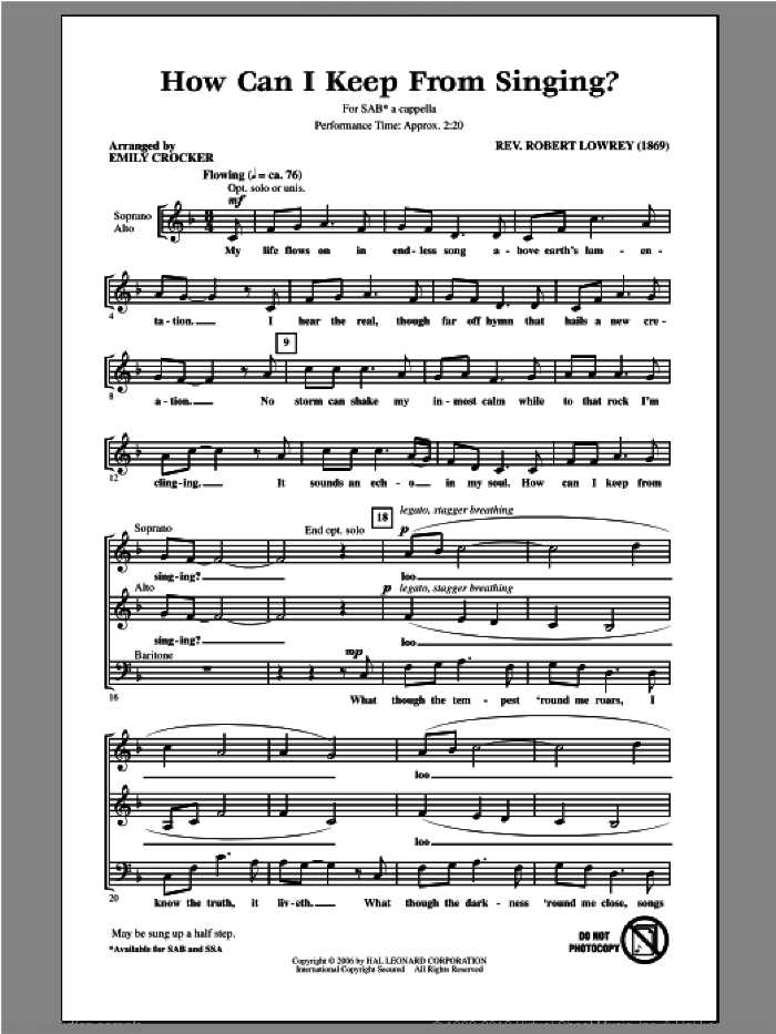 How Can I Keep From Singing sheet music for choir (SAB: soprano, alto, bass) by Emily Crocker, Rev. Robert Lowrey and Robert Lowrey, intermediate skill level