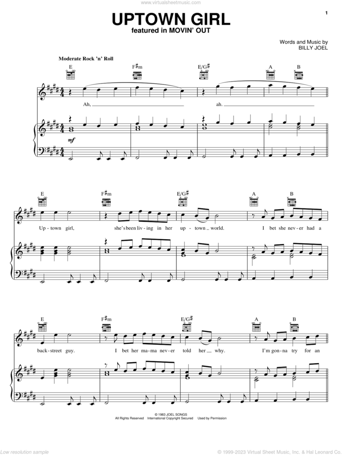 Uptown Girl sheet music for voice, piano or guitar by Billy Joel, intermediate skill level