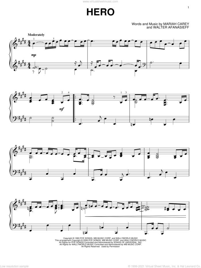 Hero, (intermediate) sheet music for piano solo by Mariah Carey and Walter Afanasieff, intermediate skill level