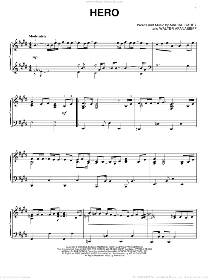 Hero, (intermediate) sheet music for piano solo by Mariah Carey and Walter Afanasieff, wedding score, intermediate skill level