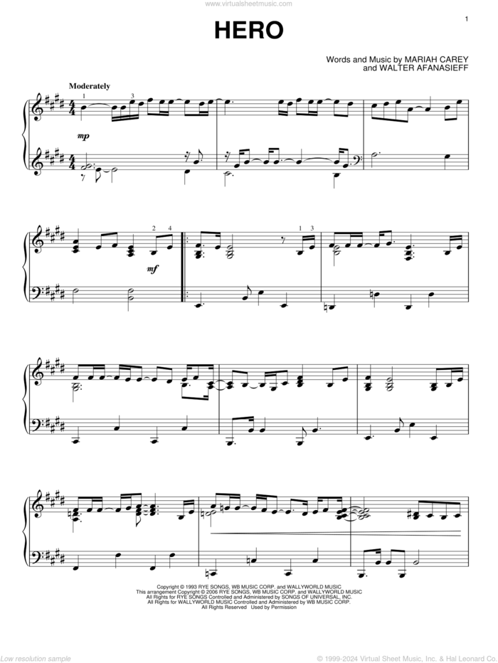 Hero, (intermediate) sheet music for piano solo by Mariah Carey and Walter Afanasieff, wedding score, intermediate skill level