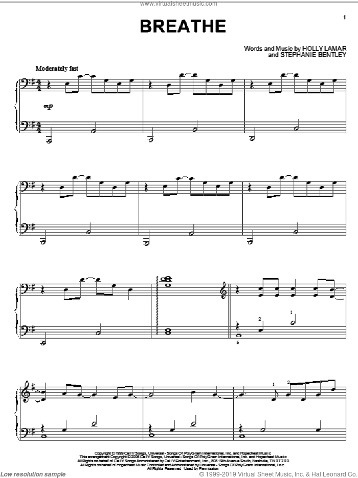 Breathe sheet music for piano solo by Faith Hill, Holly Lamar and Stephanie Bentley, intermediate skill level