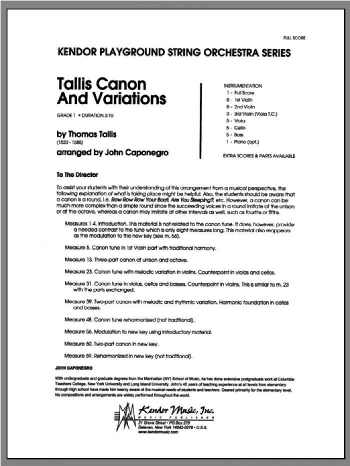 Tallis Canon And Variations (COMPLETE) sheet music for orchestra by John Caponegro and Tallis, classical score, intermediate skill level