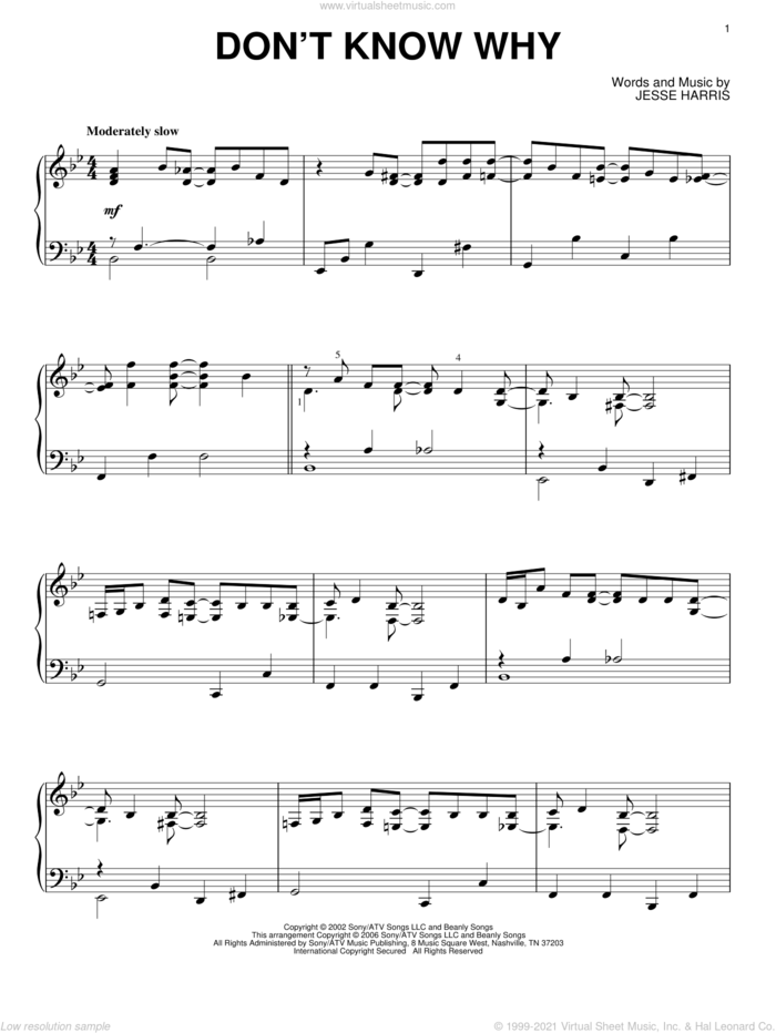 Don't Know Why sheet music for piano solo by Norah Jones and Jesse Harris, intermediate skill level