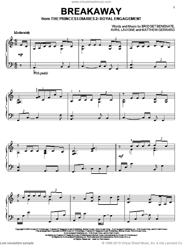Breakaway, (intermediate) sheet music for piano solo by Kelly Clarkson, Avril Lavigne, Bridget Benenate and Matthew Gerrard, intermediate skill level