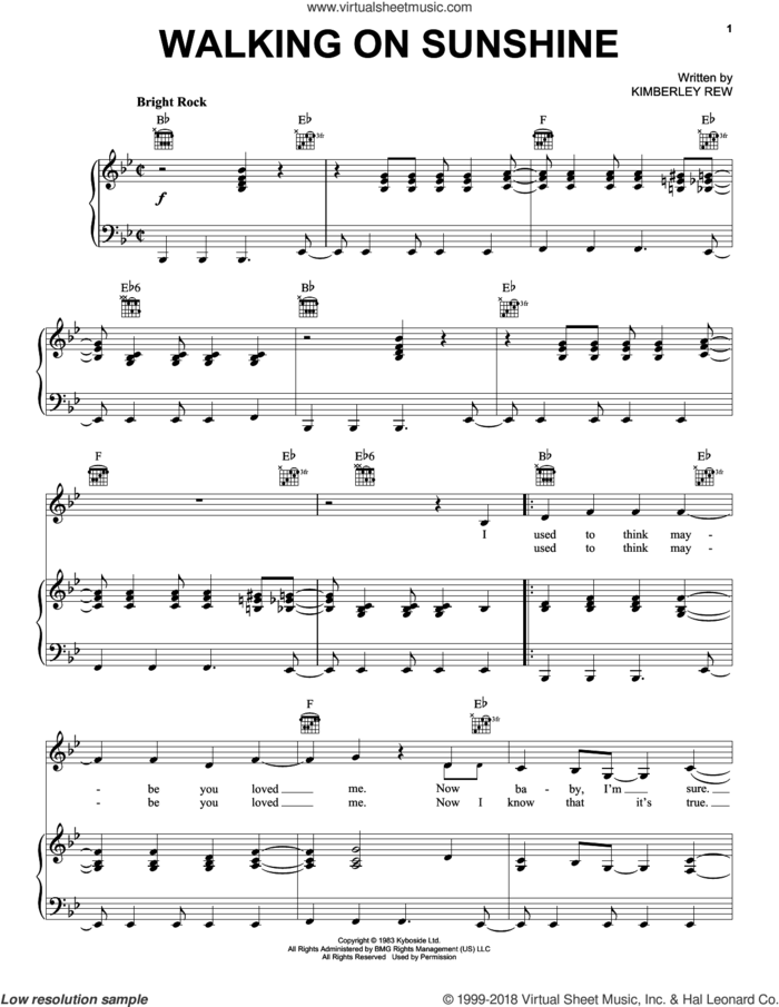 Walking On Sunshine sheet music for voice, piano or guitar by Katrina & The Waves, Miscellaneous and Kimberley Rew, intermediate skill level