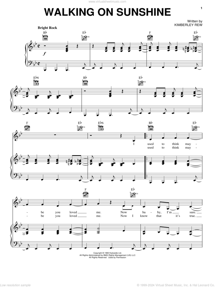 Walking On Sunshine sheet music for voice, piano or guitar by Katrina & The Waves, Miscellaneous and Kimberley Rew, intermediate skill level