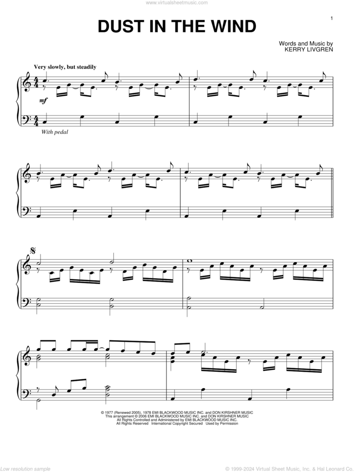 Dust In The Wind, (intermediate) sheet music for piano solo by Kansas and Kerry Livgren, intermediate skill level