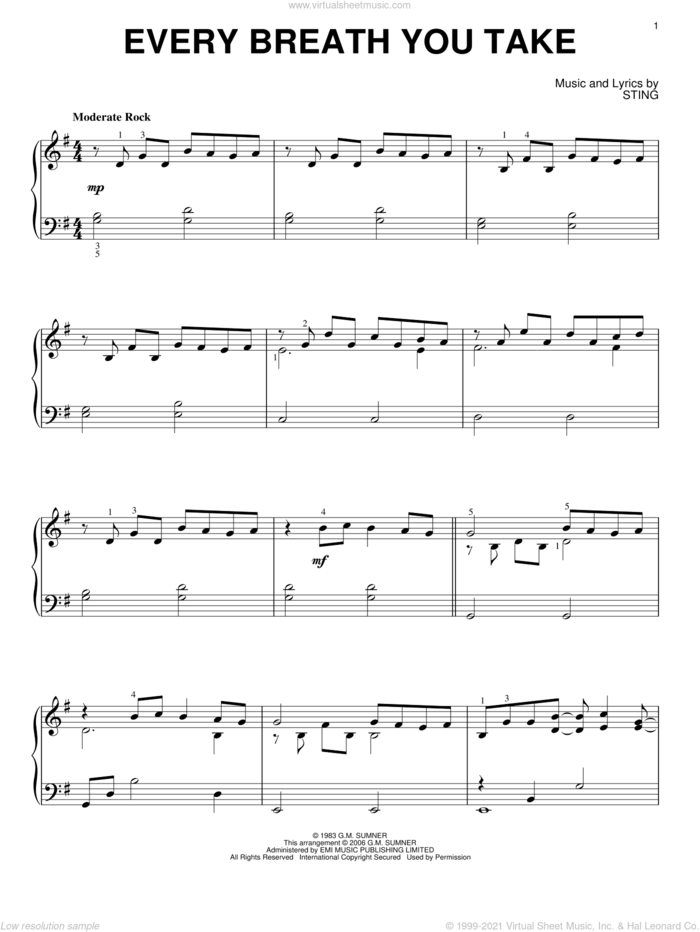 Every Breath You Take, (intermediate) sheet music for piano solo by The Police and Sting, intermediate skill level