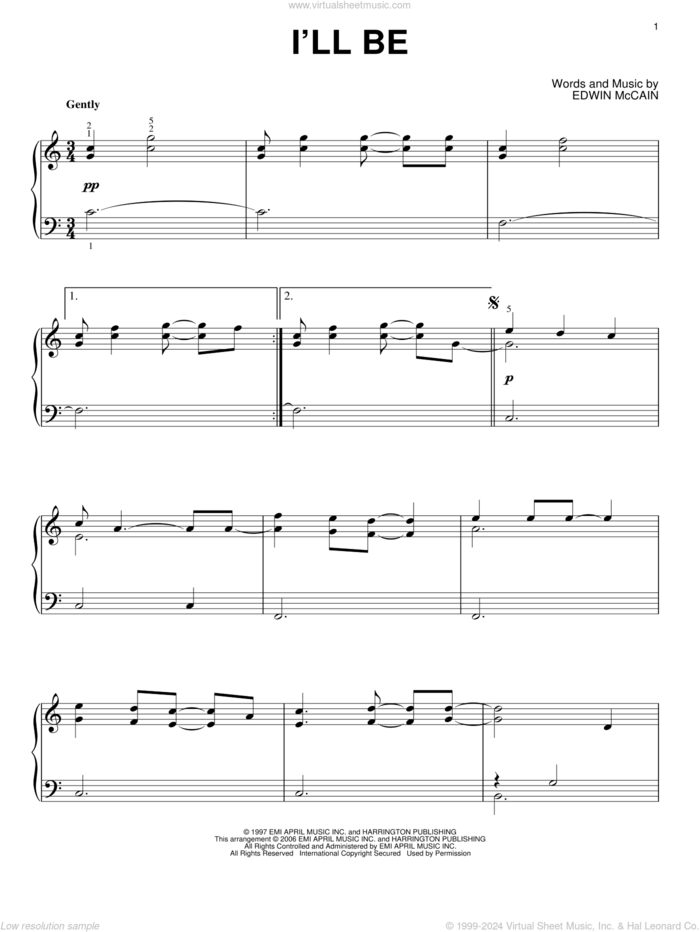 I'll Be sheet music for piano solo by Edwin McCain, intermediate skill level