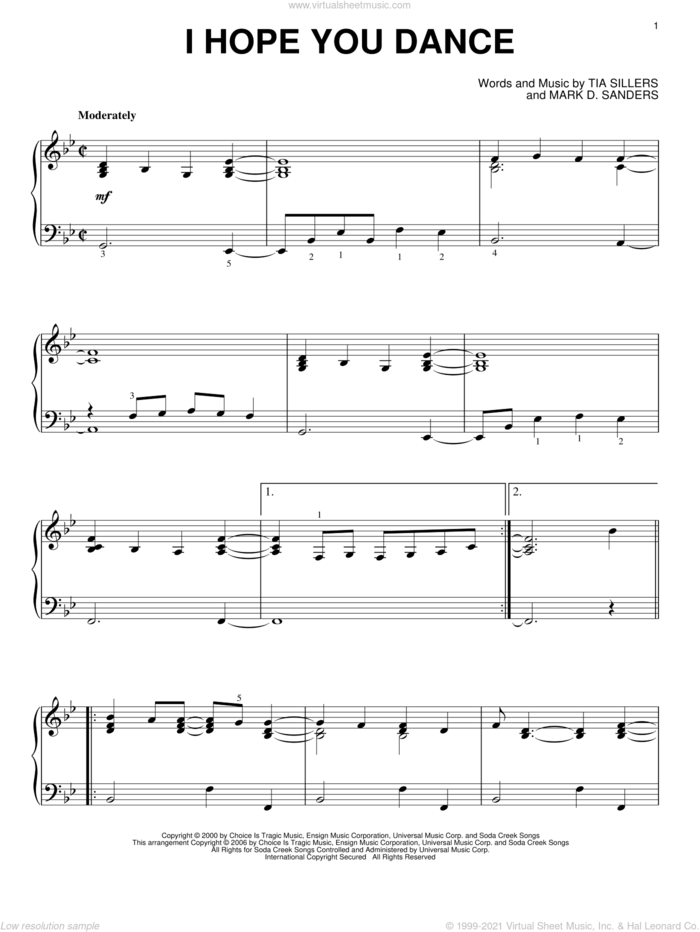 I Hope You Dance, (intermediate) sheet music for piano solo by Lee Ann Womack, Mark D. Sanders and Tia Sillers, wedding score, intermediate skill level