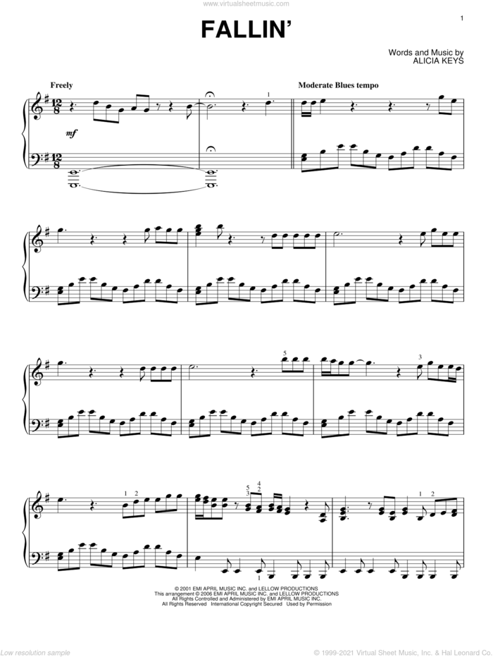 Fallin' sheet music for piano solo by Alicia Keys, wedding score, intermediate skill level