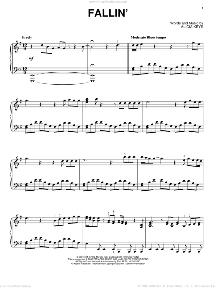 Fallin' sheet music for piano solo by Alicia Keys, wedding score, intermediate skill level