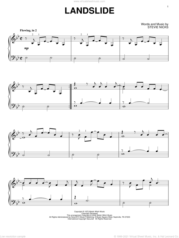 Landslide, (intermediate) sheet music for piano solo by Fleetwood Mac and Stevie Nicks, intermediate skill level