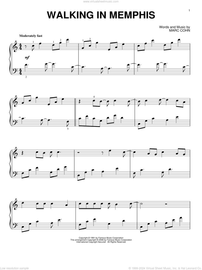 Walking In Memphis, (intermediate) sheet music for piano solo by Marc Cohn and Lonestar, intermediate skill level