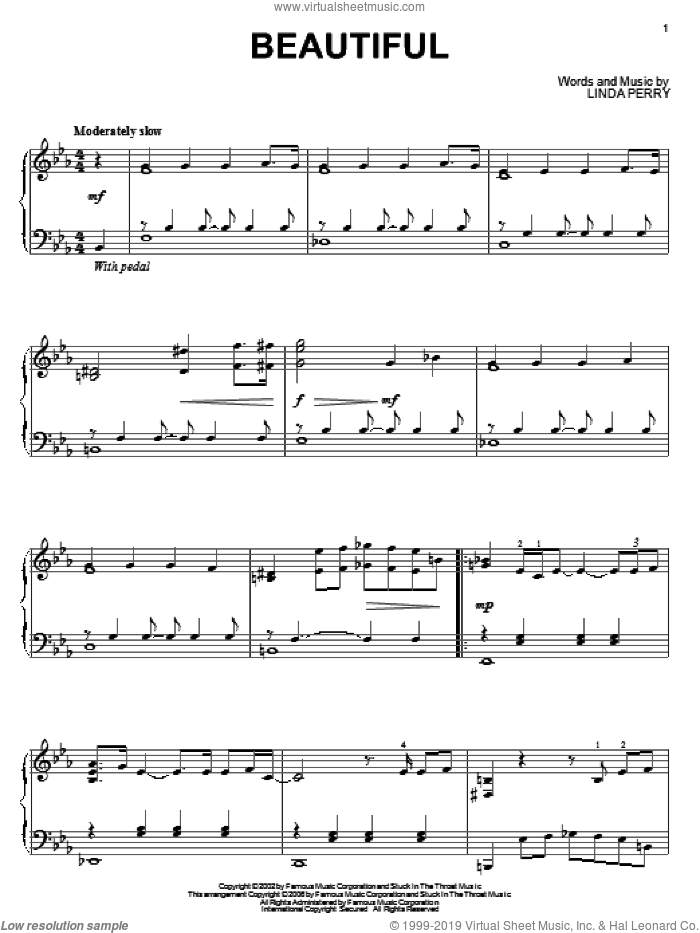 Beautiful sheet music for piano solo by Christina Aguilera and Linda Perry, intermediate skill level