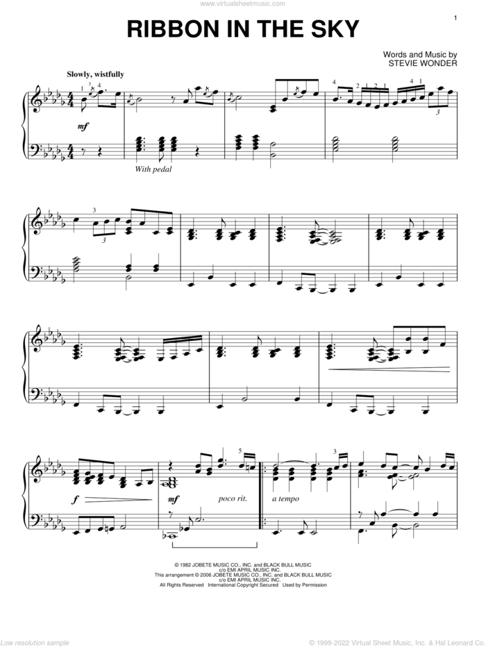 Ribbon In The Sky, (intermediate) sheet music for piano solo by Stevie Wonder, wedding score, intermediate skill level