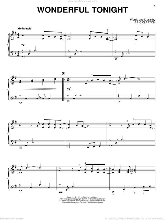Wonderful Tonight, (intermediate) sheet music for piano solo by Eric Clapton and David Kersh, wedding score, intermediate skill level
