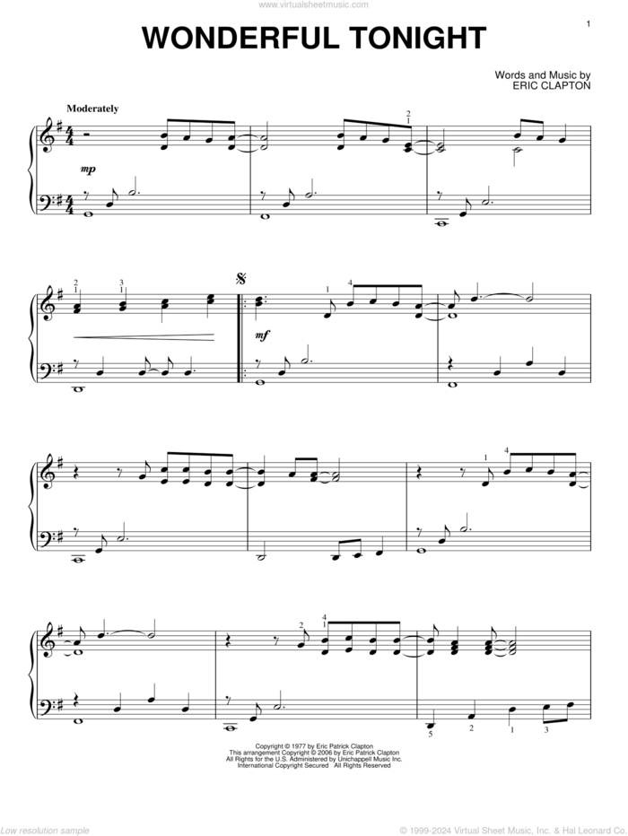 Wonderful Tonight, (intermediate) sheet music for piano solo by Eric Clapton and David Kersh, wedding score, intermediate skill level