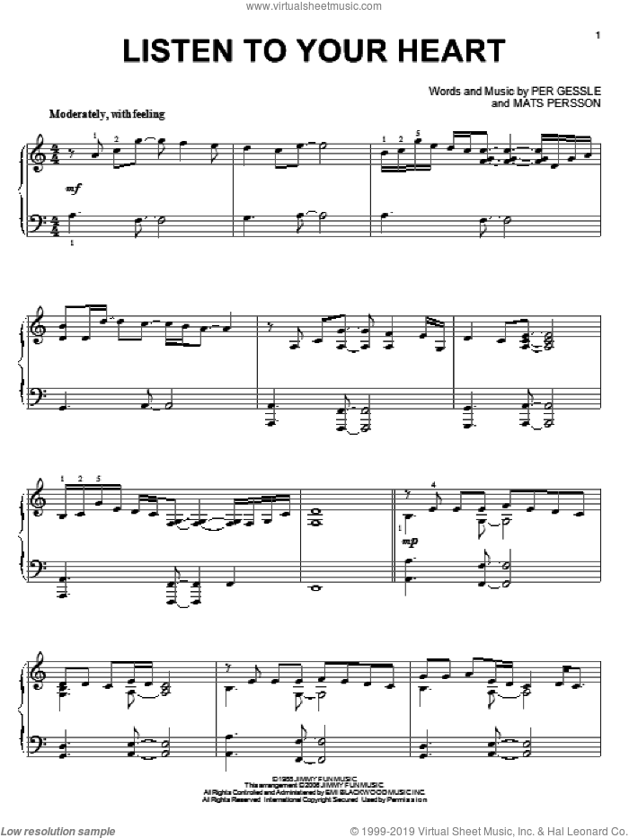 Listen To Your Heart sheet music for piano solo by DHT, D.H.T., Roxette, Mats Persson and Per Gessle, wedding score, intermediate skill level