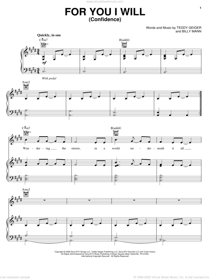 For You I Will (Confidence) sheet music for voice, piano or guitar by Teddy Geiger and Billy Mann, intermediate skill level