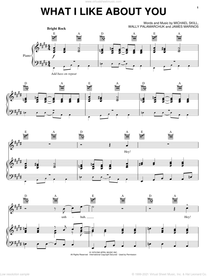 What I Like About You sheet music for voice, piano or guitar by The Romantics, James Marinos, Michael Skill and Wally Palamarchuk, intermediate skill level