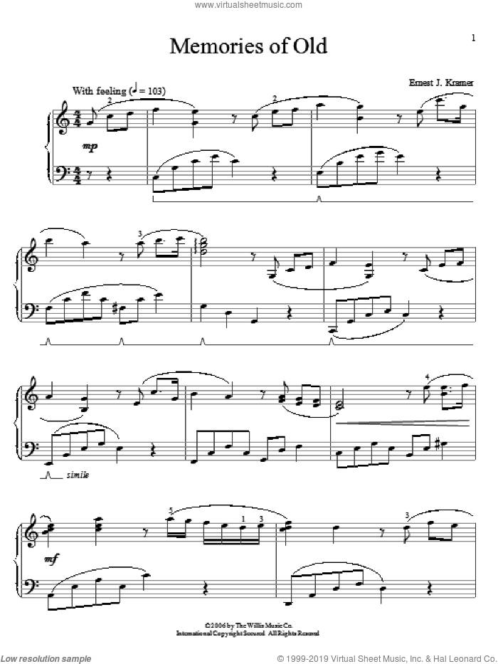 Memories Of Old sheet music for piano solo (elementary) by Ernest J. Kramer, beginner piano (elementary)