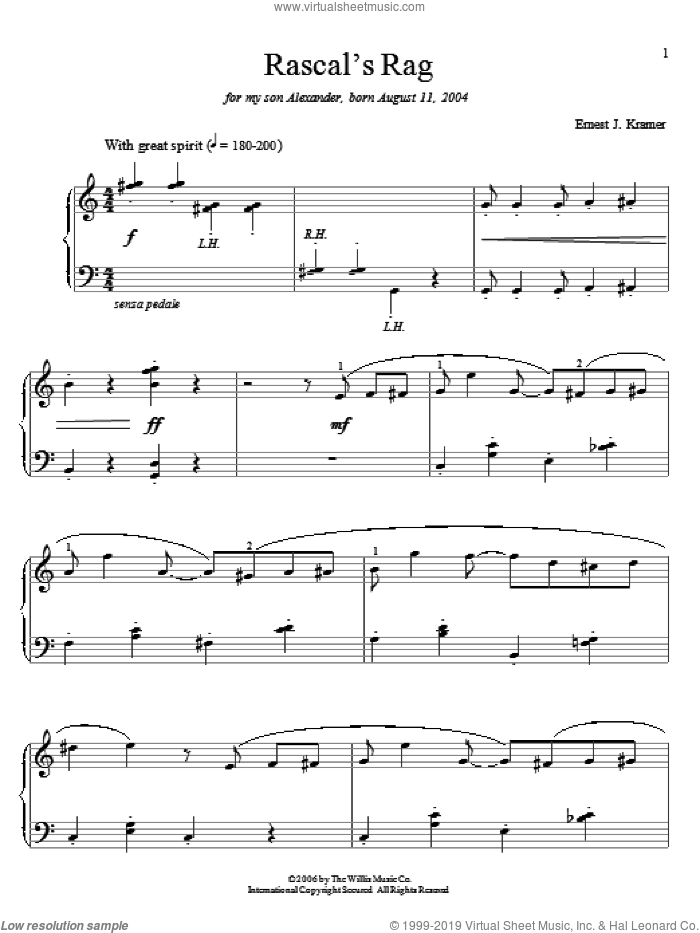 Rascal's Rag sheet music for piano solo (elementary) by Ernest J. Kramer, beginner piano (elementary)