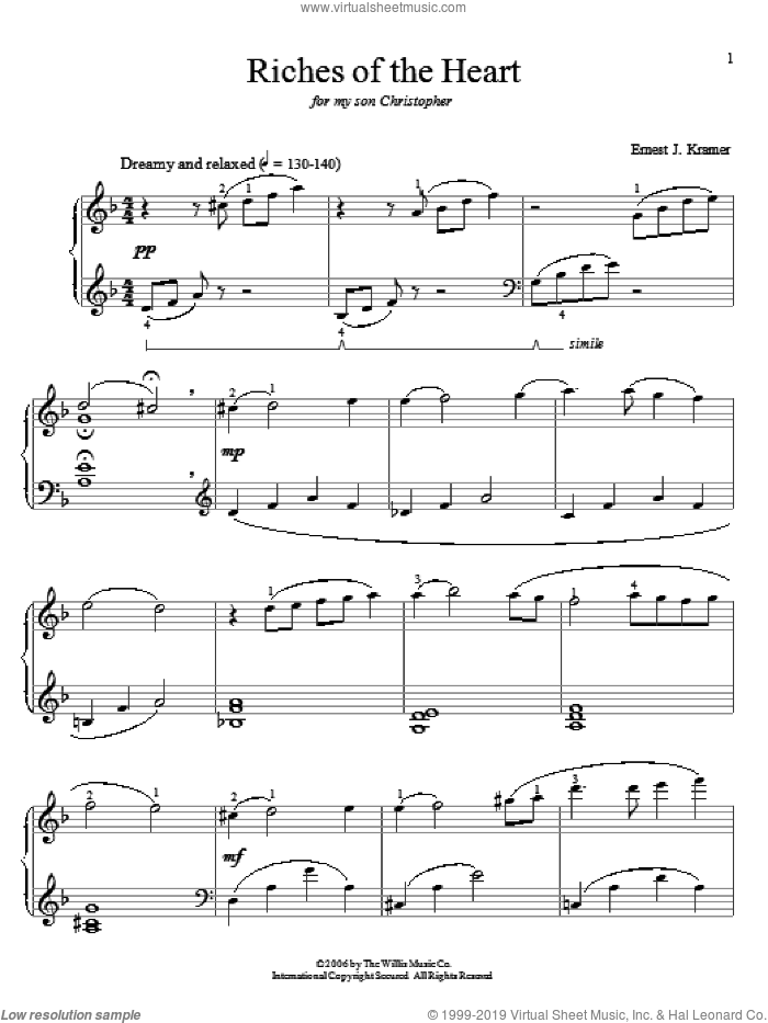Riches Of The Heart sheet music for piano solo (elementary) by Ernest J. Kramer, beginner piano (elementary)