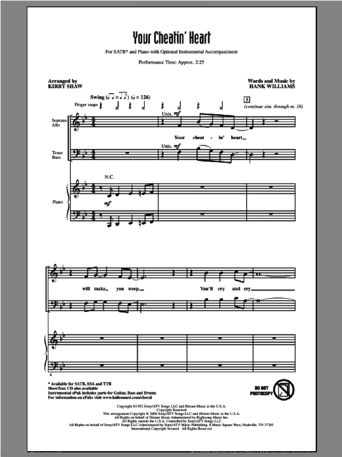 Your Cheatin' Heart sheet music for choir (SATB: soprano, alto, tenor, bass) by Kirby Shaw, Hank Williams and Patsy Cline, intermediate skill level