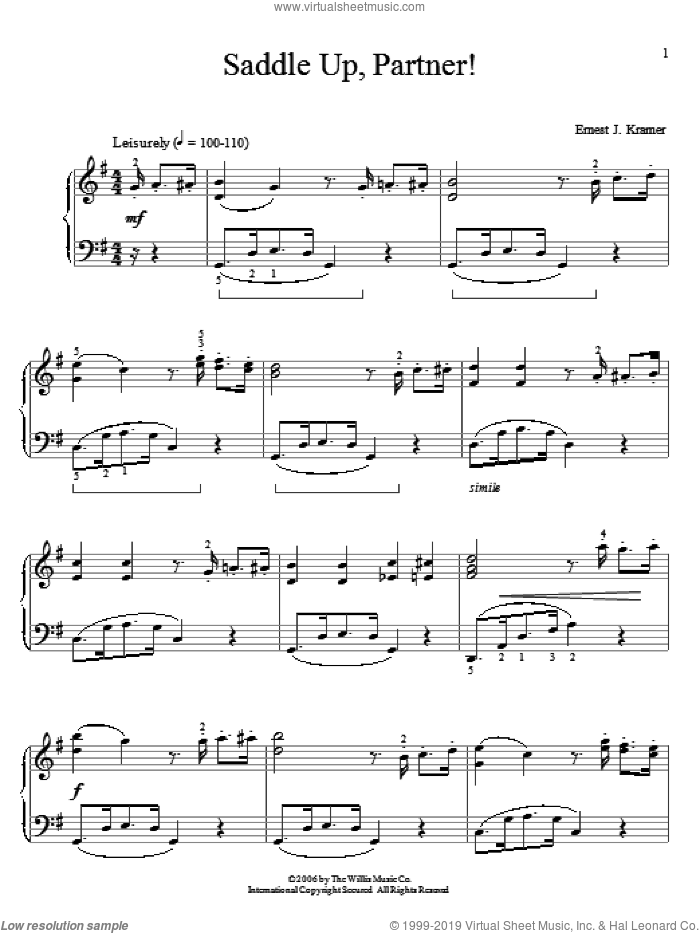 Saddle Up, Partner! sheet music for piano solo (elementary) by Ernest J. Kramer, beginner piano (elementary)