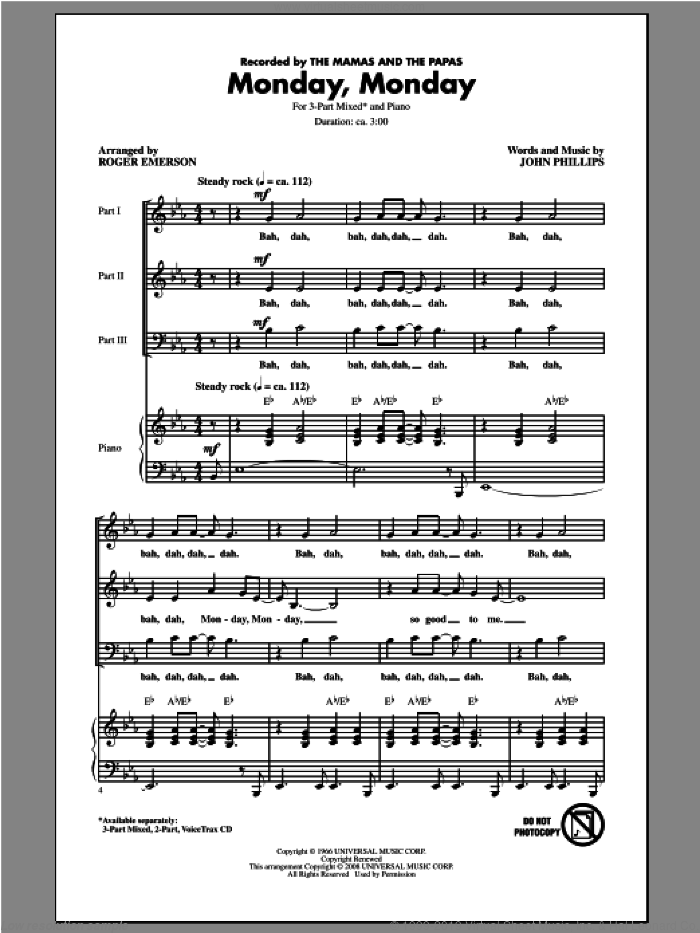 Monday, Monday (arr. Roger Emerson) sheet music for choir (3-Part Mixed) by Roger Emerson, The Mamas & The Papas and The Mamas and The Papas, intermediate skill level