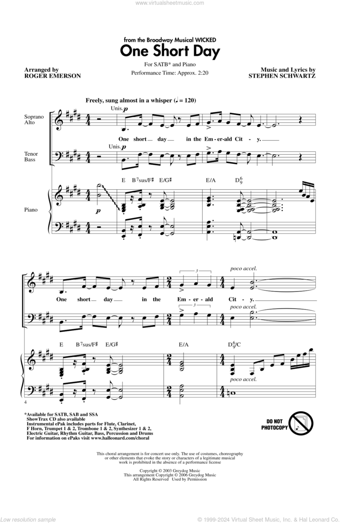 One Short Day (from Wicked) sheet music for choir (SATB: soprano, alto, tenor, bass) by Roger Emerson and Stephen Schwartz, intermediate skill level